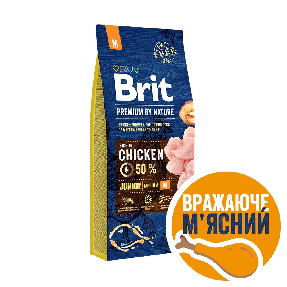 Корм сухий Brit Premium Dog Junior M для цуценят та молодих собак середніх порід від 1 до 12 місяців вагою 10-25 кг з куркою