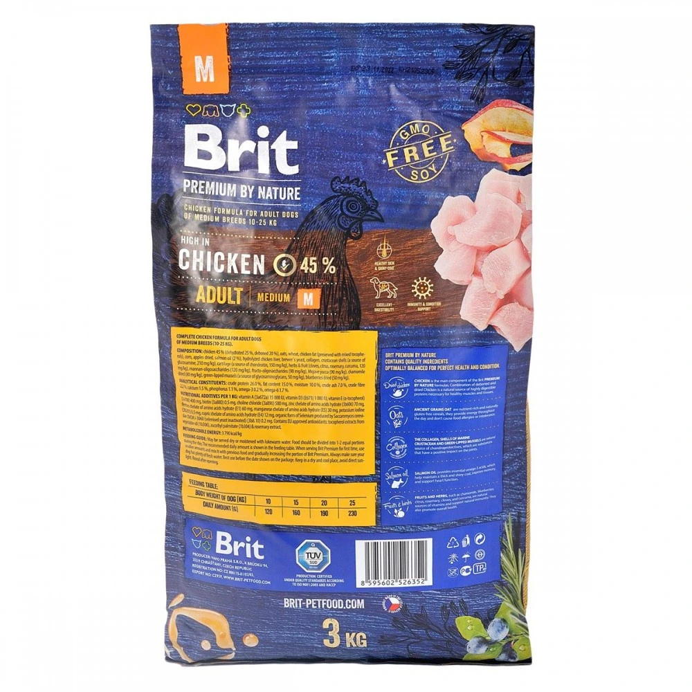 Корм сухий Brit Premium Dog Adult M для дорослих собак середніх порід вагою 10-25 кг з куркою 3 кг