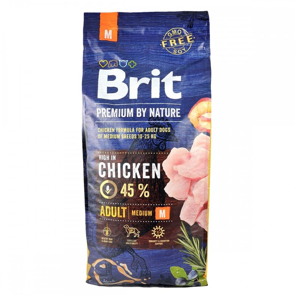Корм сухий Brit Premium Dog Adult M для дорослих собак середніх порід вагою 10-25 кг з куркою 15 кг