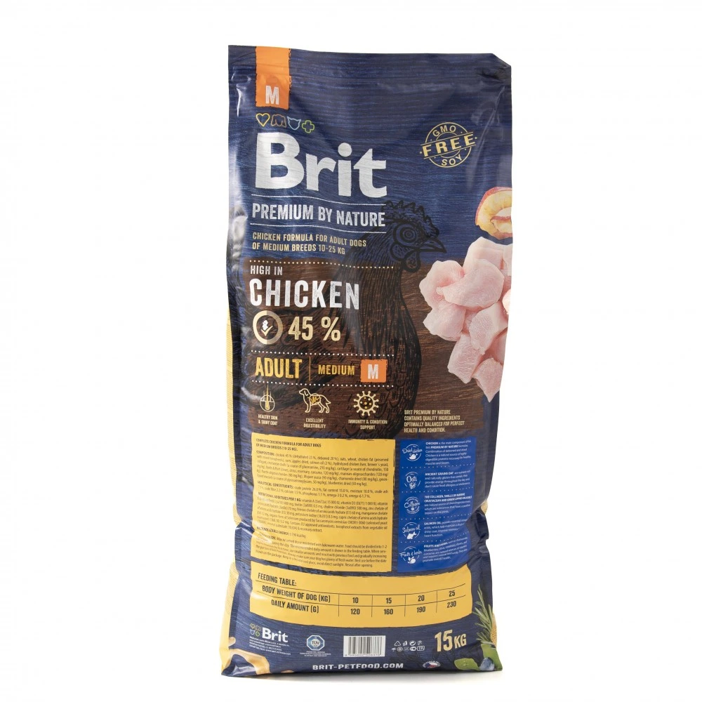 Корм сухий Brit Premium Dog Adult M для дорослих собак середніх порід вагою 10-25 кг з куркою 15 кг