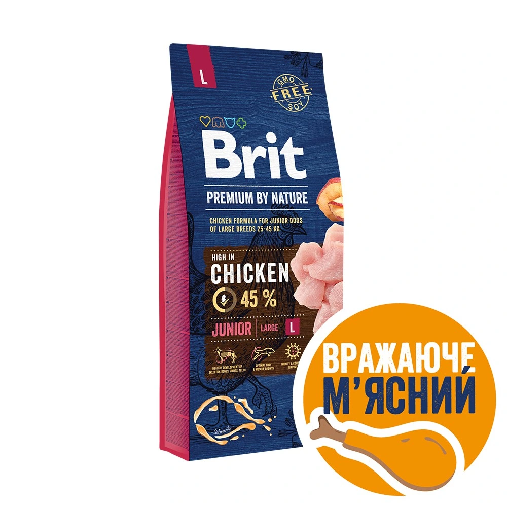 Корм сухий Brit Premium Dog Junior L для цуценят та молодих собак великих порід від 1 до 24 місяців вагою 25-45 кг з куркою