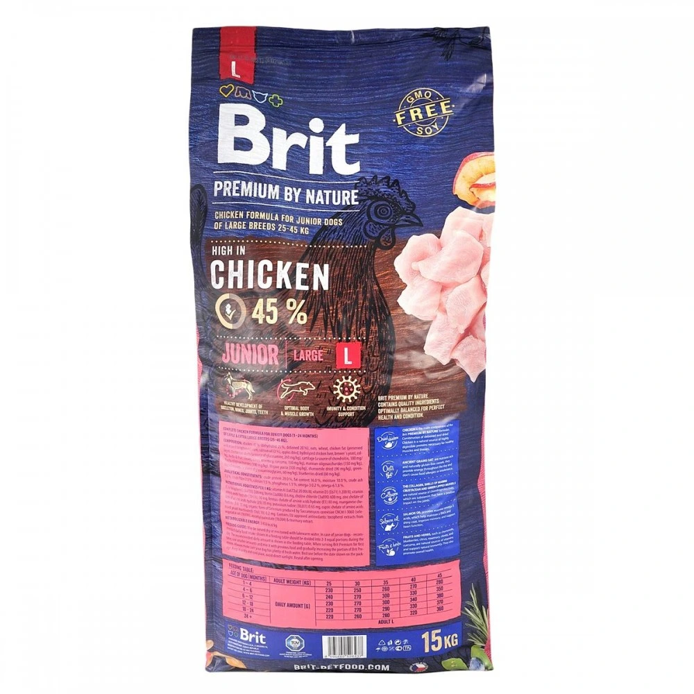 Корм сухий Brit Premium Dog Junior L для цуценят та молодих собак великих порід від 1 до 24 місяців вагою 25-45 кг з куркою