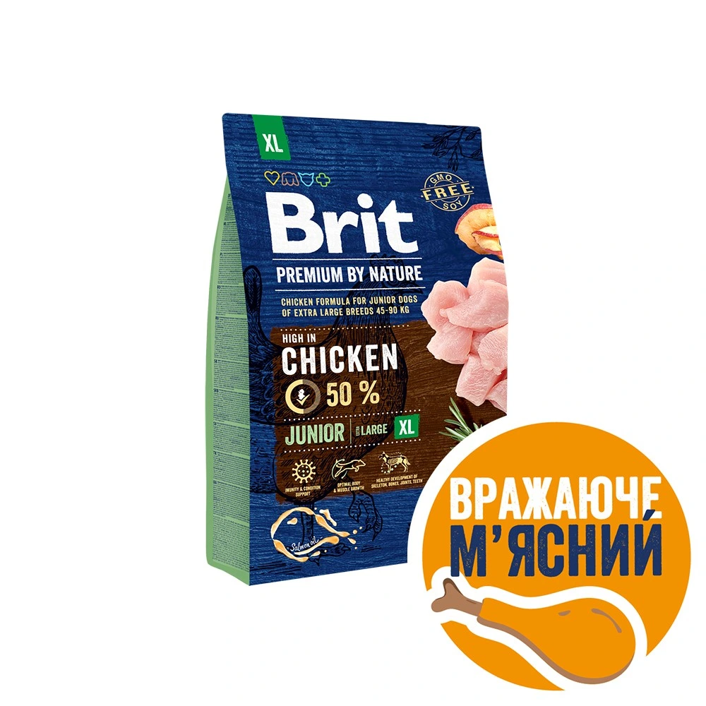 Корм сухий Brit Premium Dog Junior XL для цуценят і молодих собак гігантських порід від 1 до 30 місяців вагою 45-90 кг з кур