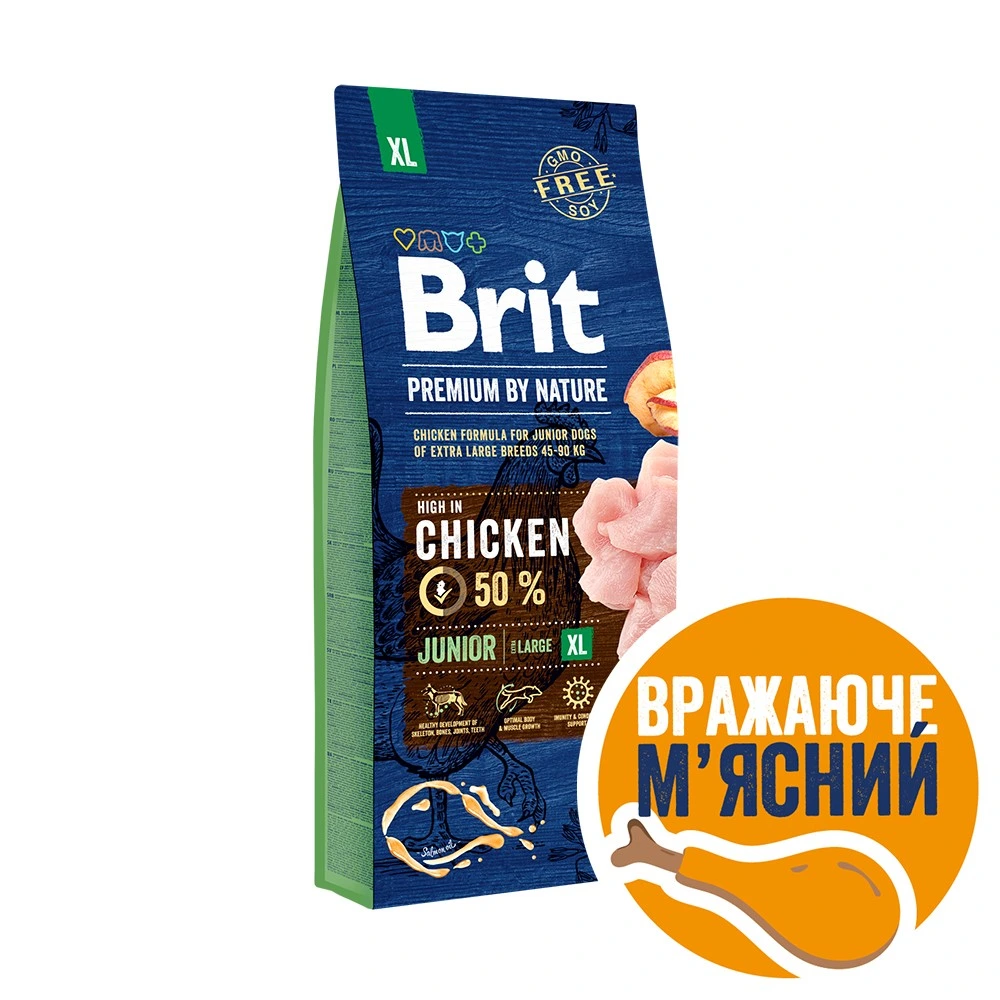 Корм сухий Brit Premium Dog Junior XL для цуценят і молодих собак гігантських порід від 1 до 30 місяців вагою 45-90 кг з кур