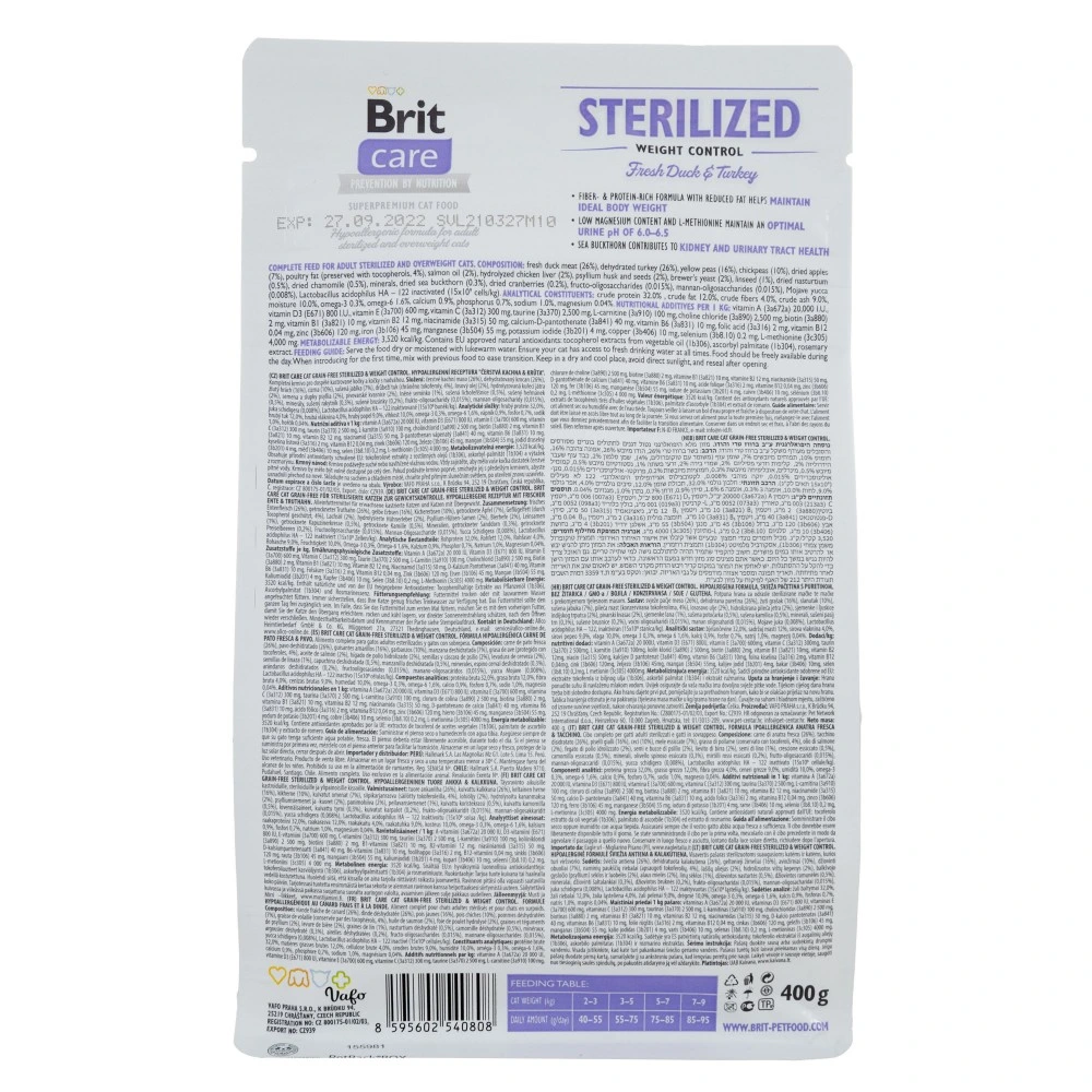 Корм сухой Brit Care Cat Grain Free Sterilized Weight Control для стерилизованных кошек с избыточным весом утка и индейка 40