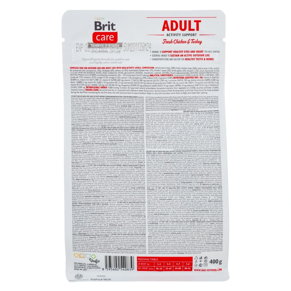 Корм сухой Brit Care Cat Grain Free Adult Activity Support для уличных и взрослых кошек филе индейки и курицы 400 г