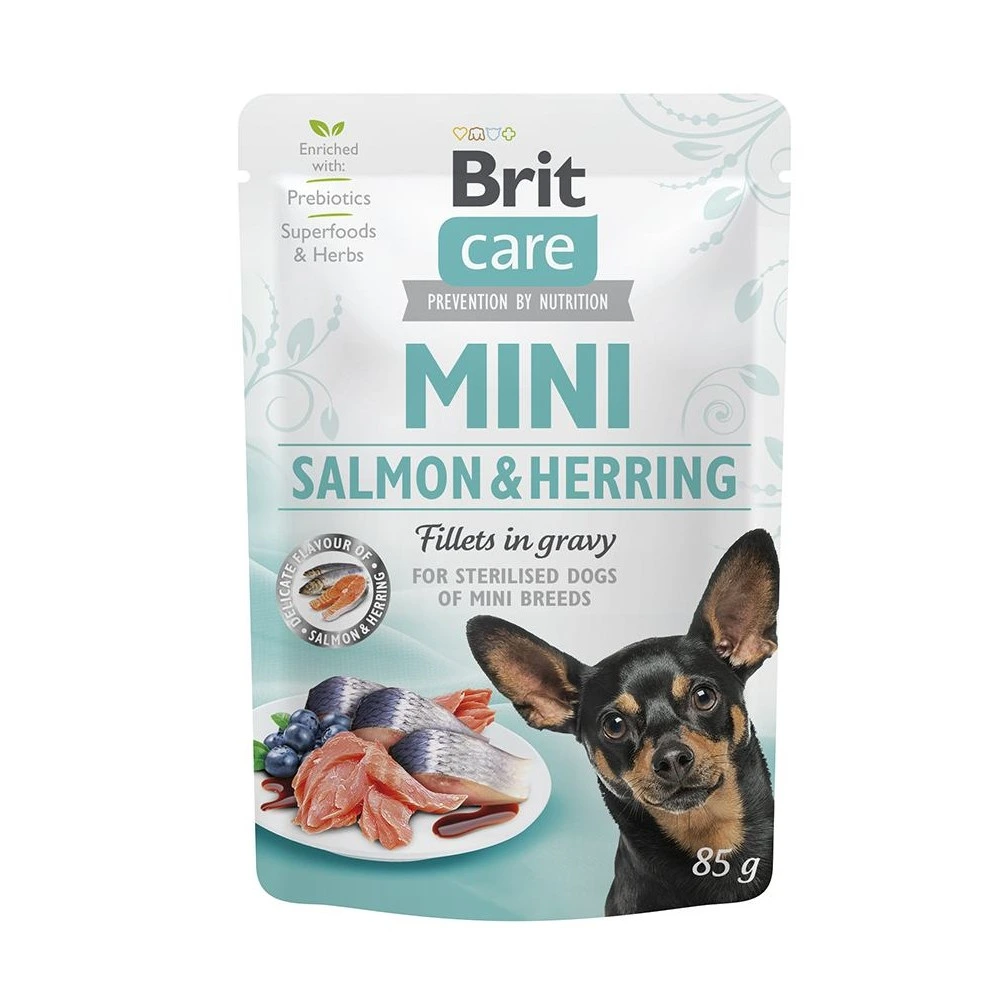 Корм вологий Brit Care Mini для дорослих собак мініатюрних порід філе з лососем та оселедцем в соусі 85 г