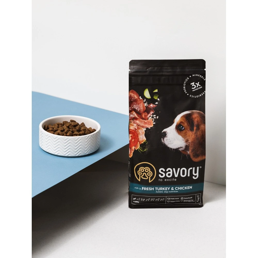 Корм сухий Savory Puppy rich in Fresh Turkey and Chicken для цуценят всіх порід зі свіжою індичкою і куркою 3 кг