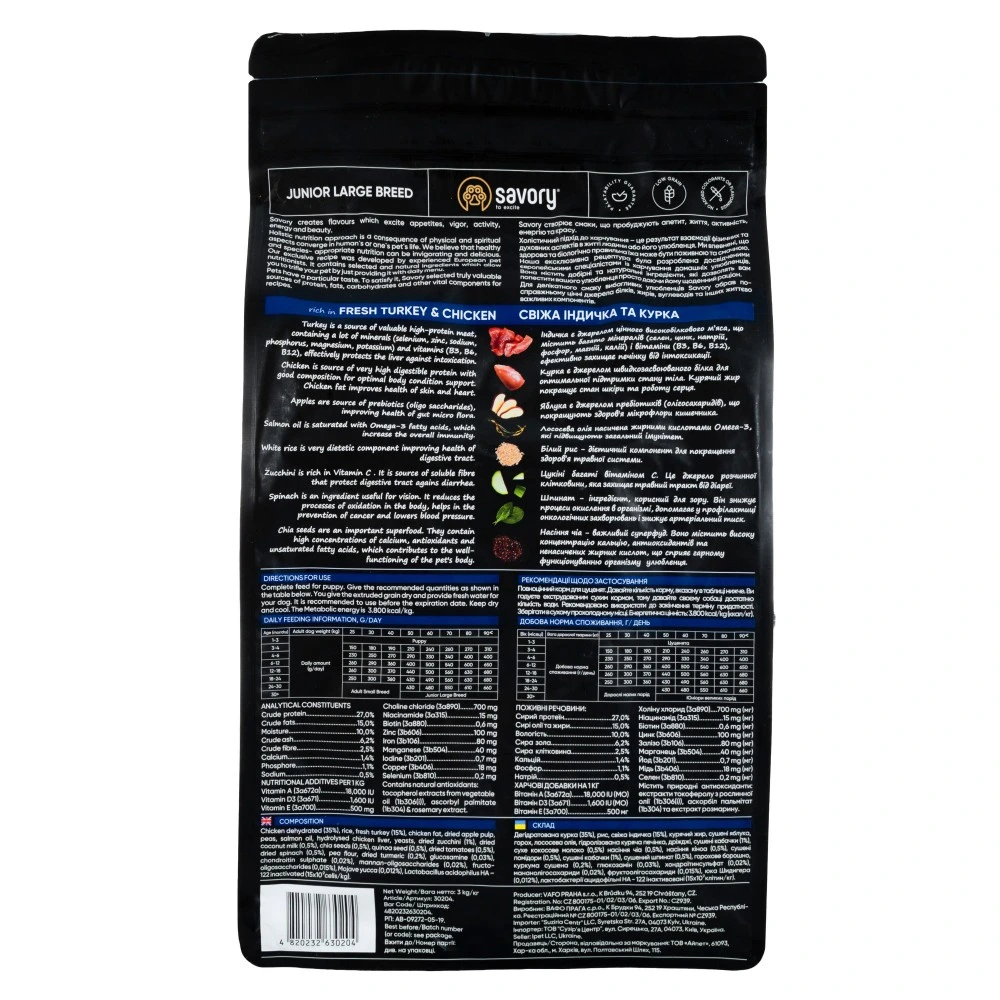 Корм сухий Savory Junior Large rich in Fresh Turkey and Chicken для молодих собак великих порід від 25 кг зі свіжою індичкою