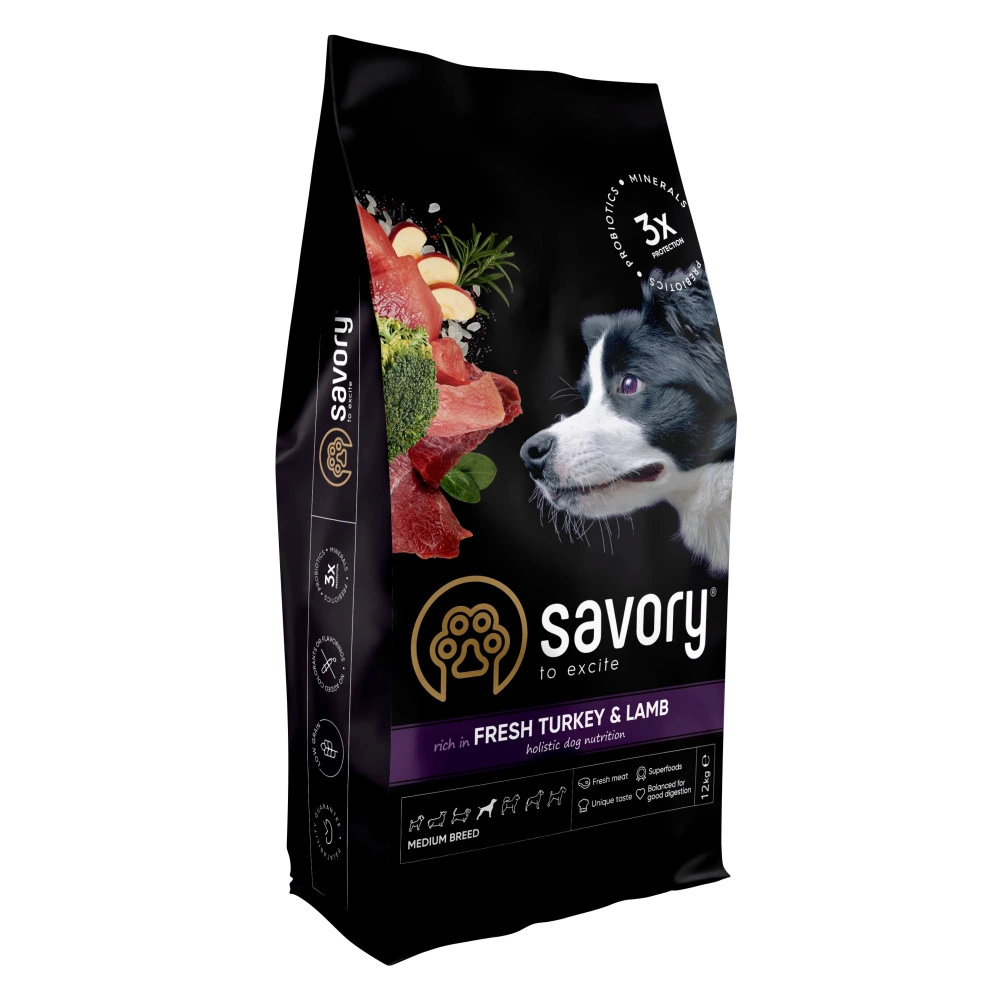 Корм сухий Savory Medium Breed rich in Fresh Turkey and Lamb для дорослих собак середніх порід від 10 до 25 кг зі свіжим ягням
