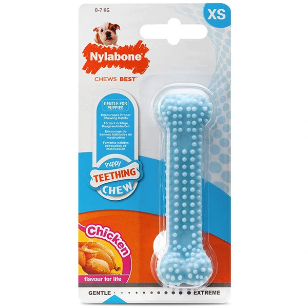 Іграшка кістка для цуценят жувальна Nylabone Puppy Chew Dental Bone, Блакитна, курка XS