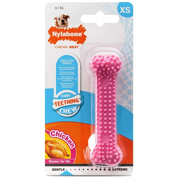 Іграшка кістка для цуценят, смак курки Nylabone Puppy Chew Dental Bone, Рожева, XS