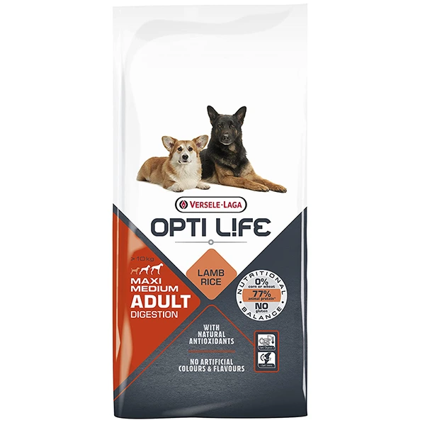 Корм для собак Opti Life Adult Digestion, Ягня, з чутливим травленням, для середніх та великих порід, 12.5 кг
