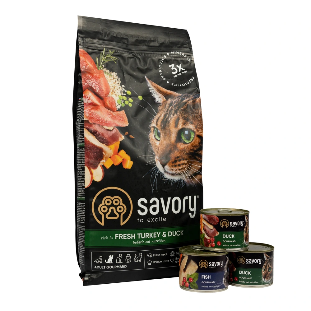 Набір корму для котів Savory Беззерновий для чутливого травлення, Качка 2кг + консерви 600г