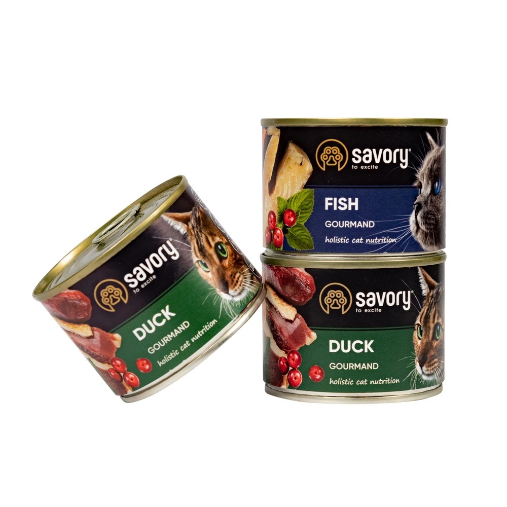 Набір корму для котів Savory Беззерновий для чутливого травлення, Качка 2кг + консерви 600г