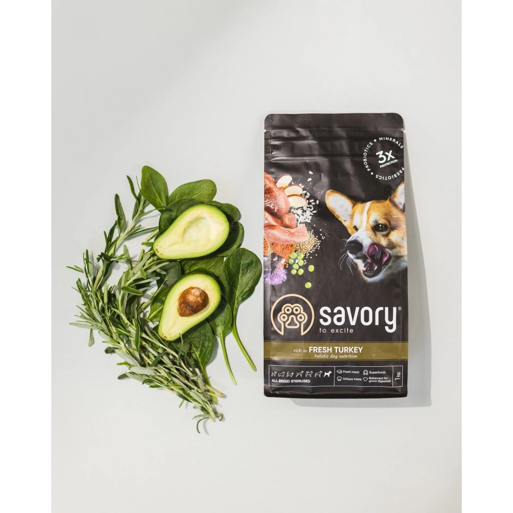 Корм сухий Savory All Breed Sterilised rich in Fresh Turkey для стерилізованих собак усіх порід зі свіжою індичкою 3 кг