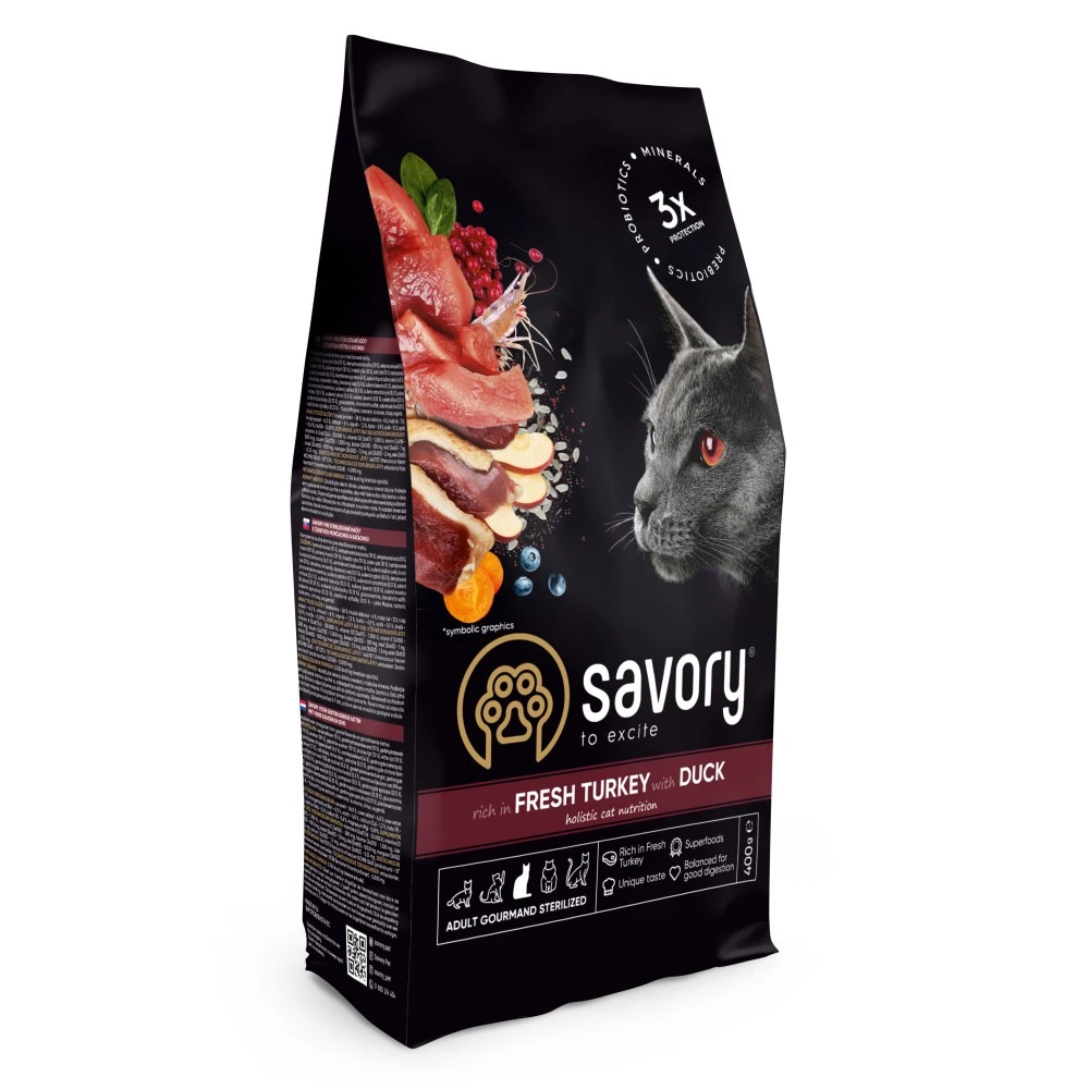Корм сухий Savory Adult Cat Steril Fresh Turkey with Duck для стерилізованих котів з індичкою та качкою 400 г