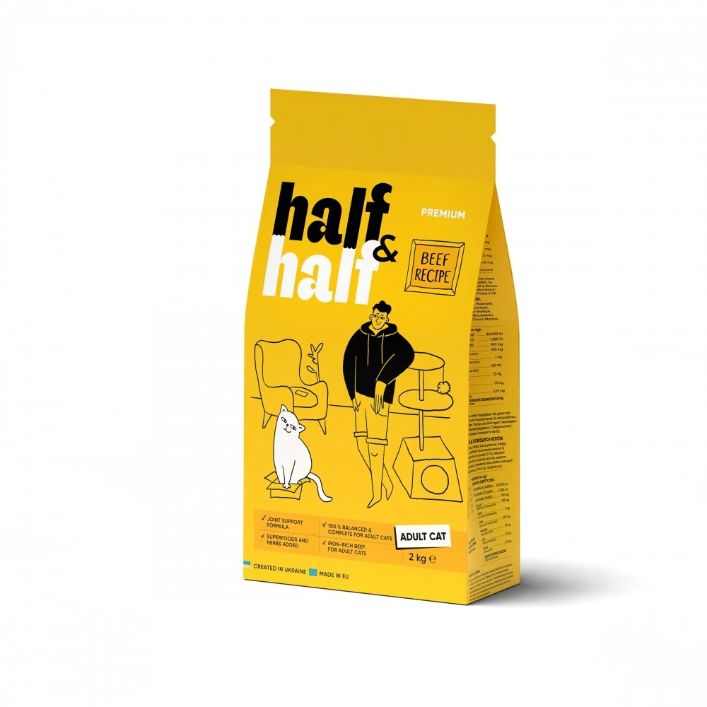 Корм сухий HalfHalf для дорослих котів із яловичиною 2 кг