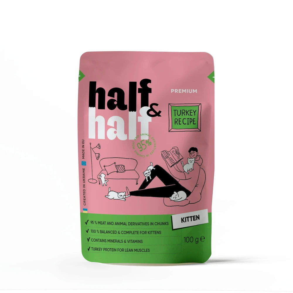 Корм вологий HalfHalf для кошенят шматочки з індичкою у желе у формі пауча 100г