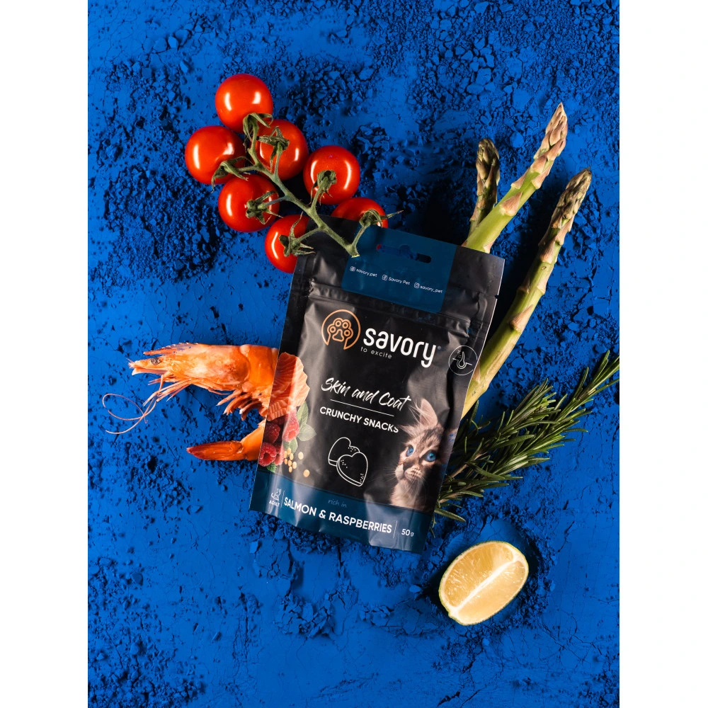 Хрусткі ласощі Savory для здоров’я шкіри та шерсті, лосось і малина