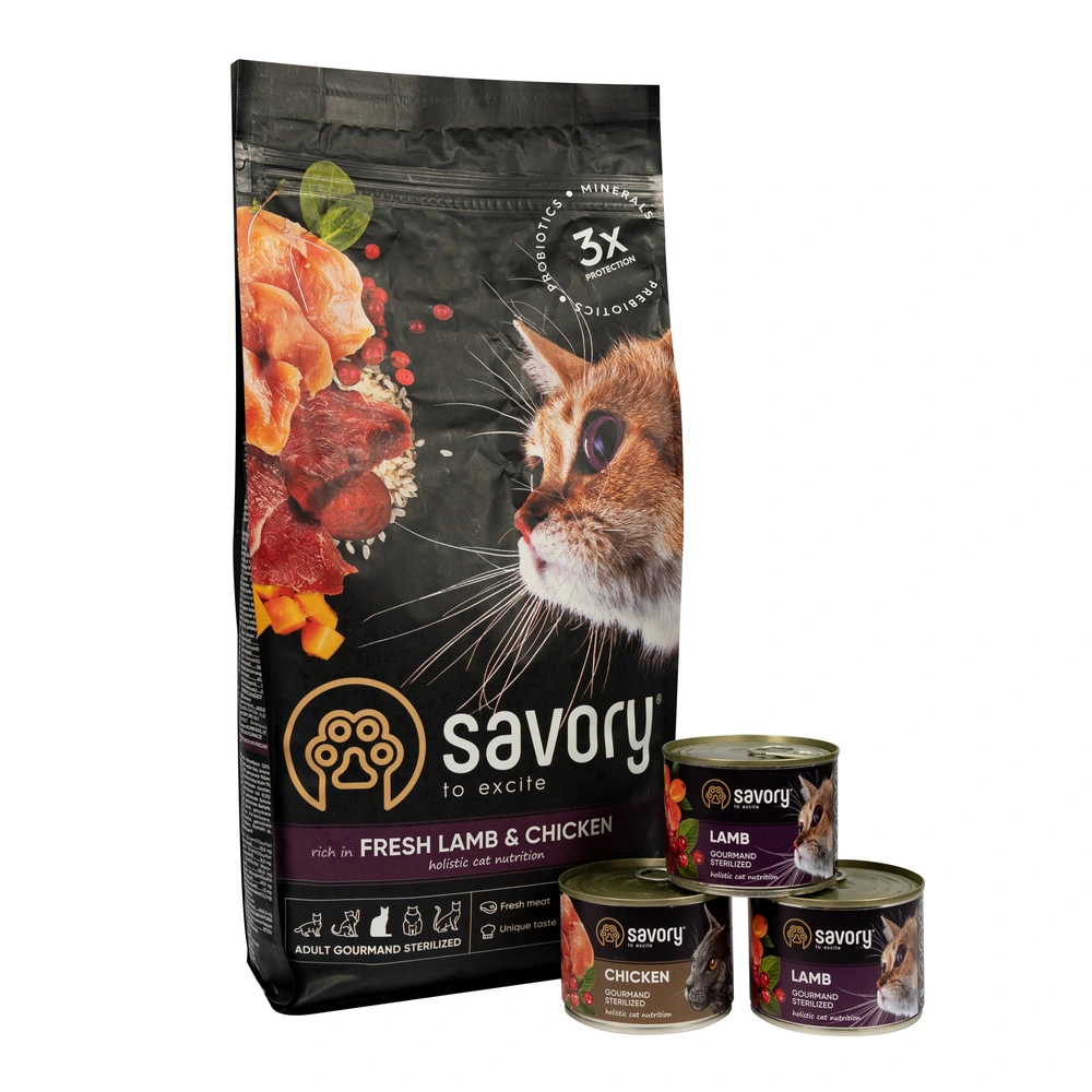 Набір Savory корм сухий для стерилізованих котів 2кг + консерви 3*200г
