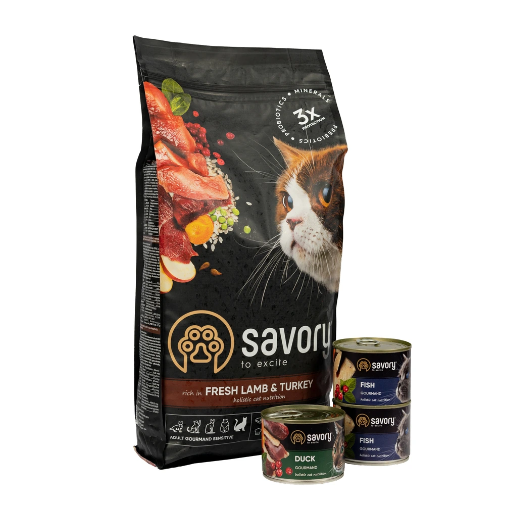 Набор Savory сухой корм для кошек с чувствительным пищеварением 2кг + консервы 3*200г