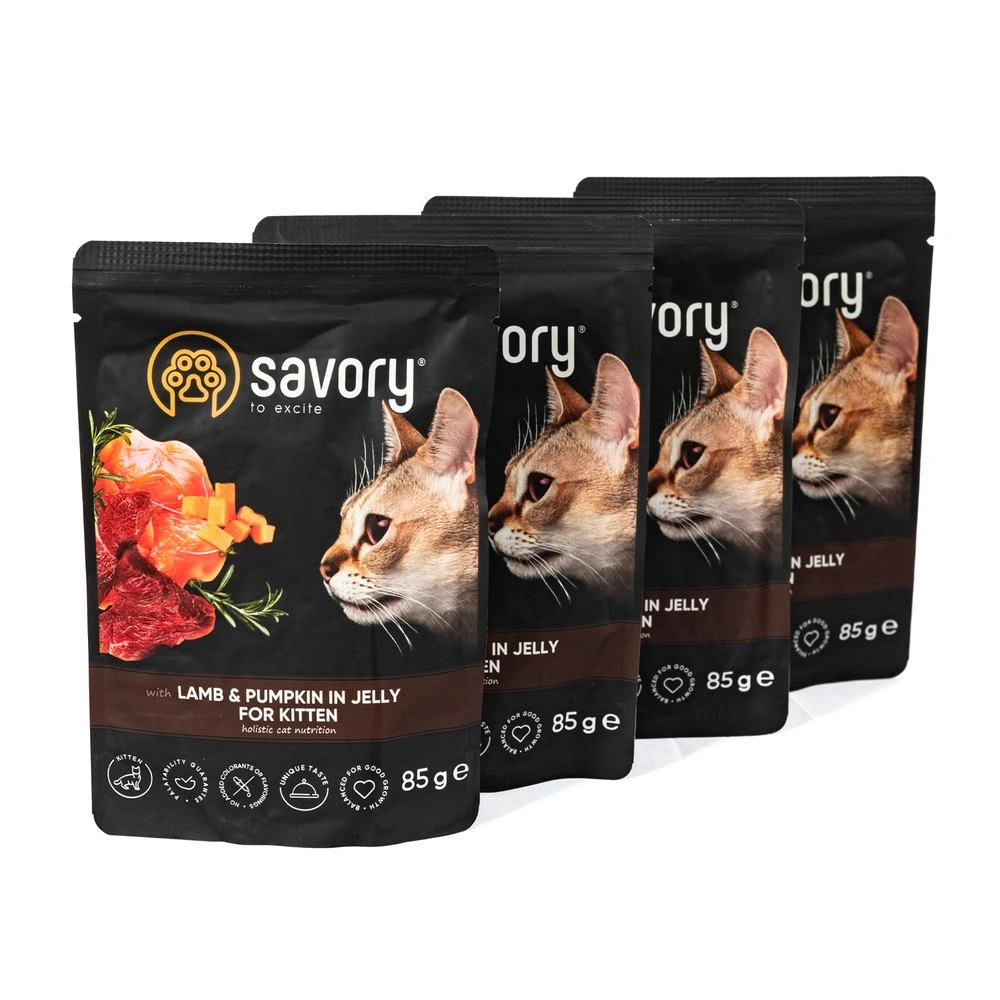 Набір паучів 3+1 Savory Kitten Lamb and Pumpkin in Jelly для кошенят шматки в желе з ягням та гарбузом 4х85 г