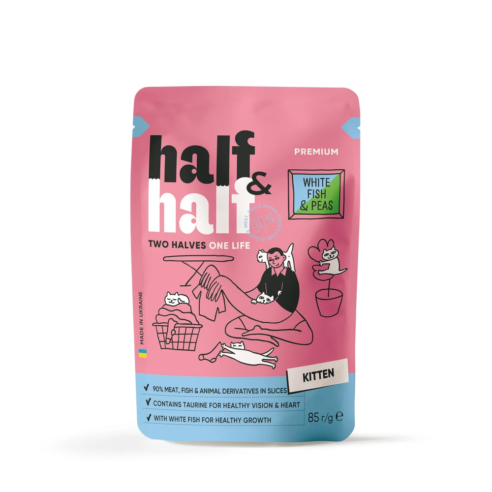 Корм вологий Half&Half для кошенят з білою рибою та горохом в желе 85 г