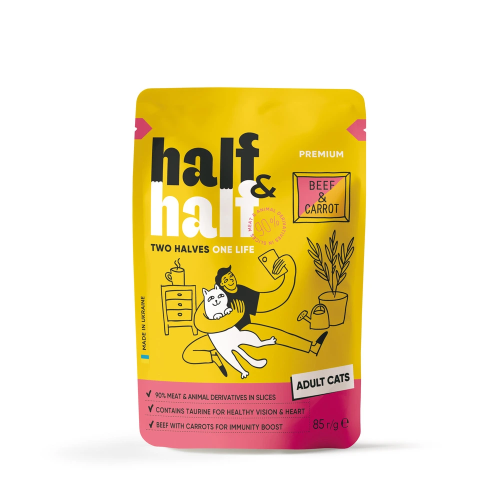 Корм вологий Half&Half для дороcлих котів з яловичиною та морквою в желе 85 г