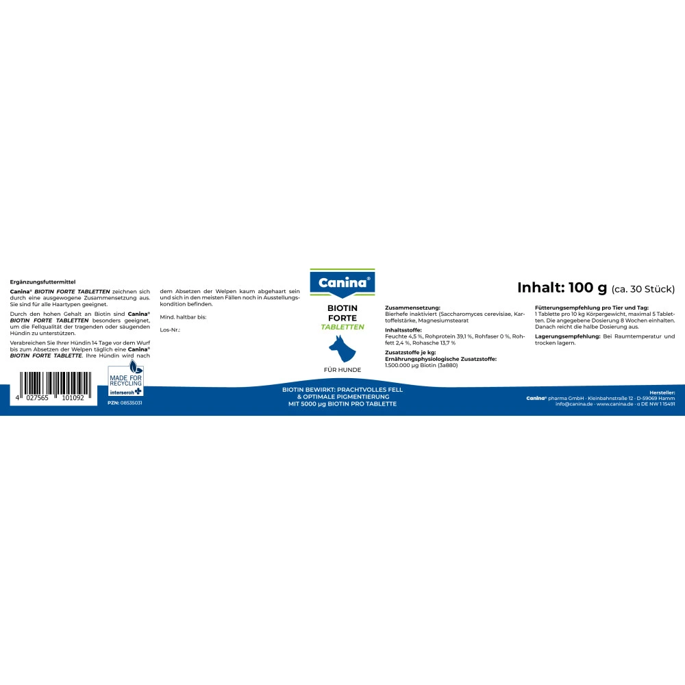 Вітамінний комплекс Canina Biotin Forte Tabletten для собак Біотин інтенсивний курс для шерсті 100 г 30 табл.