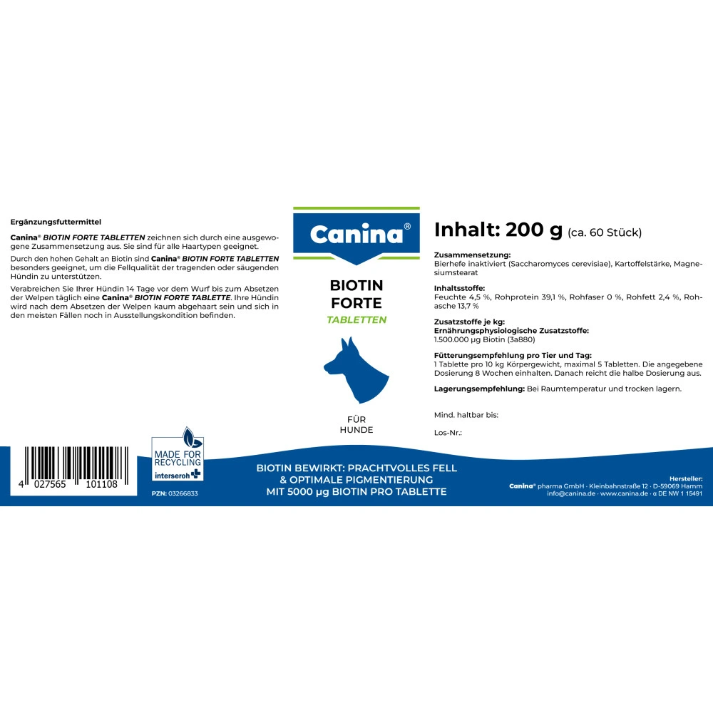 Вітамінний комплекс Canina Biotin Forte Tabletten для собак Біотин інтенсивний курс для шерсті 200 г 60 табл.