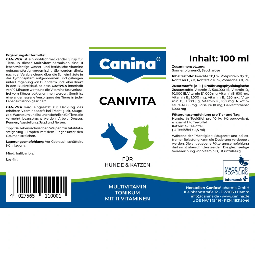 Вітамінний комплекс Canina Canivita для котів та собак універсальний зі швидким ефектом тонік 100 мл