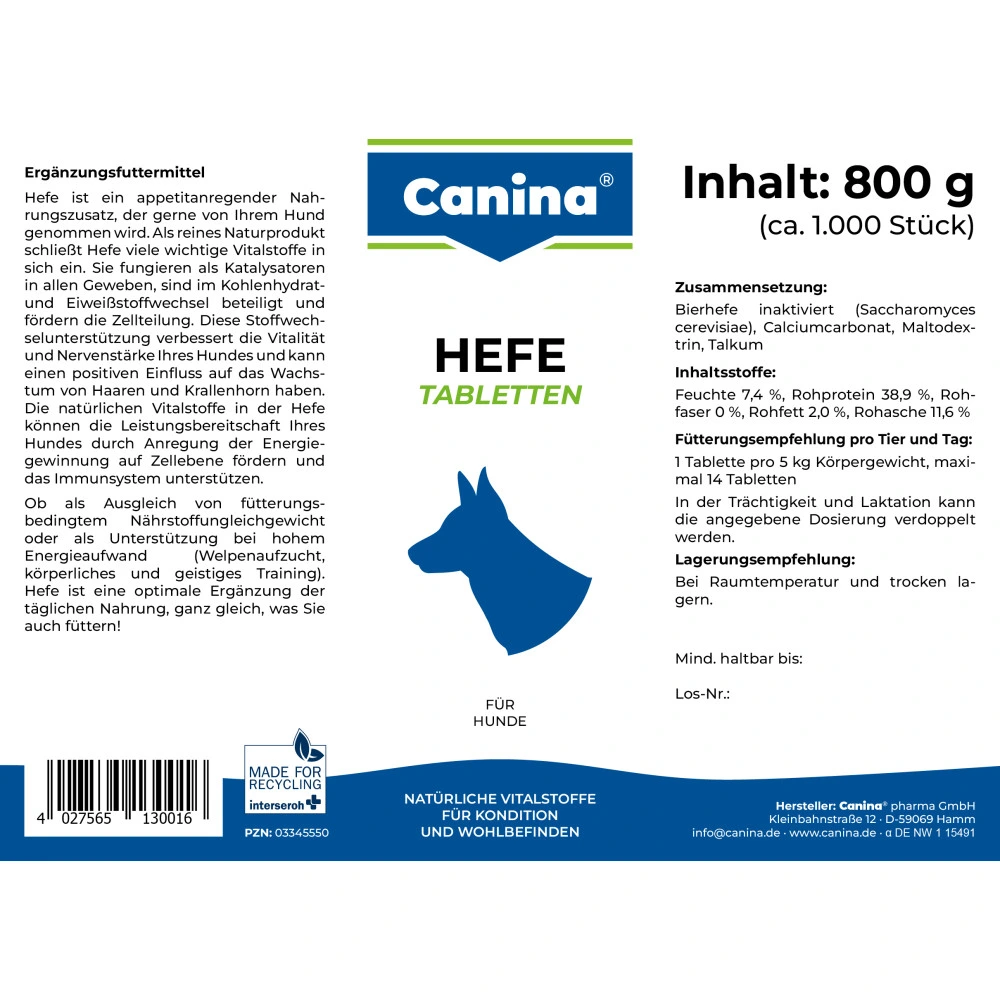 Комплекс вітамінів групи В Canina Hefe для собак дріжджові таблетки з ензимами 800 г 992 табл.