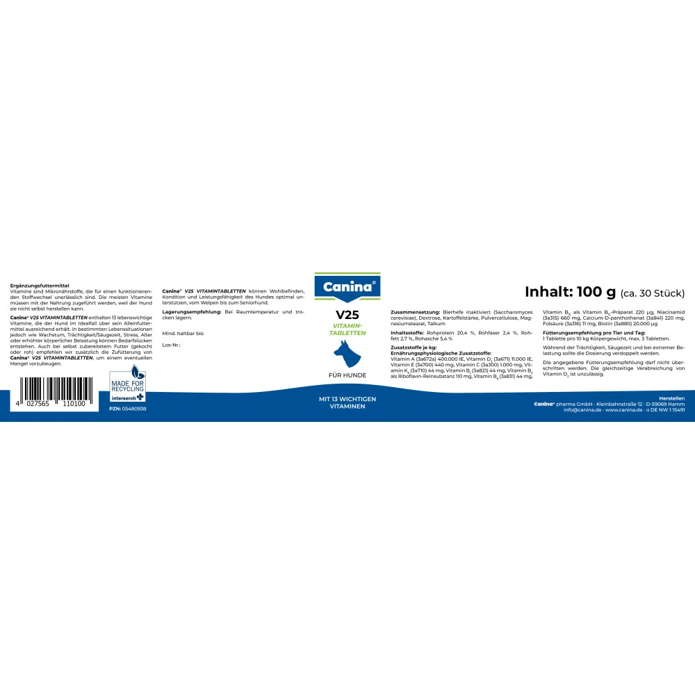 Вітамінний комплекс Canina V25 Vitamintabletten для собак 100 г 30 табл.