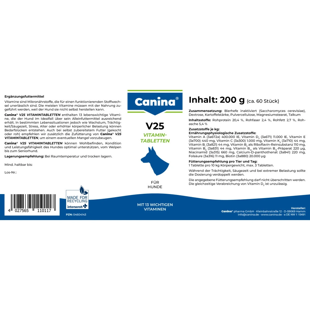 Вітамінний комплекс Canina V25 Vitamintabletten для собак 200 г 60 табл.