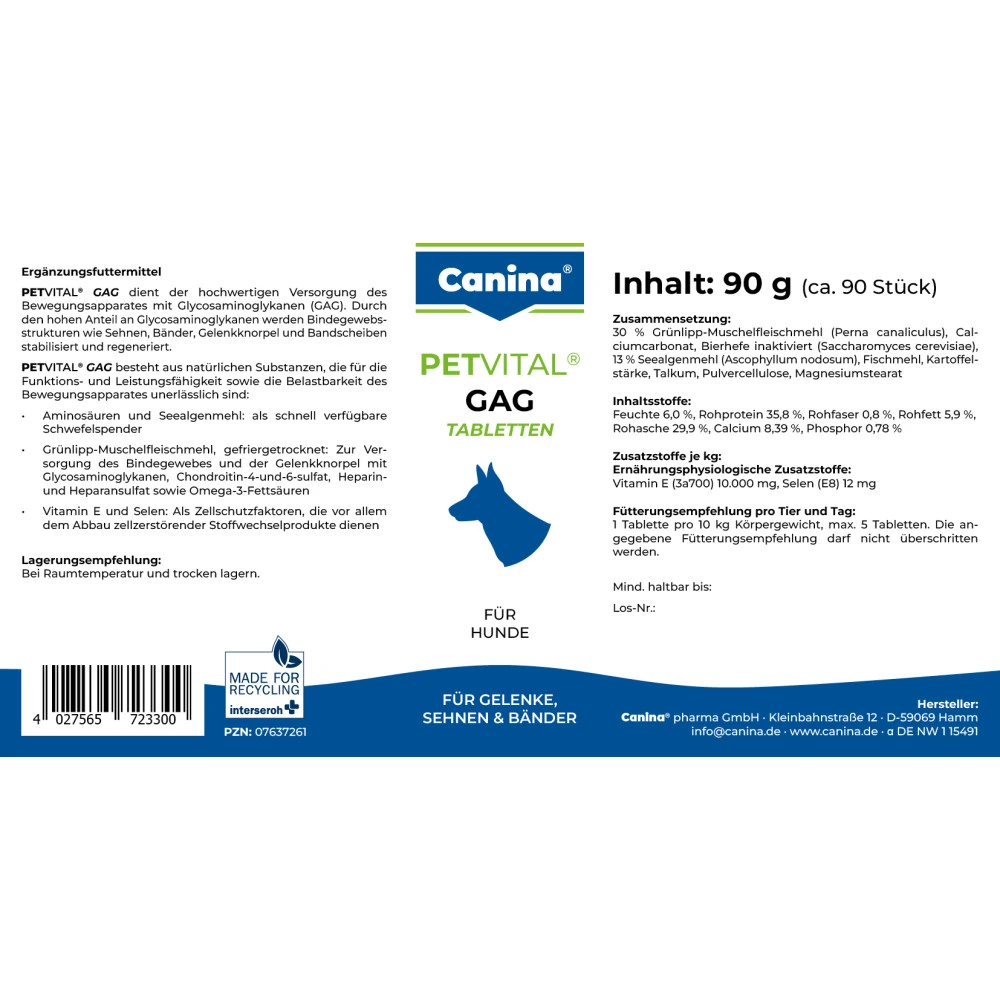 Минеральный комплекс Canina Petvital GAG для собак для суставов и тканей глюкозамин с экстрактом мидий 90 г 90 табл.