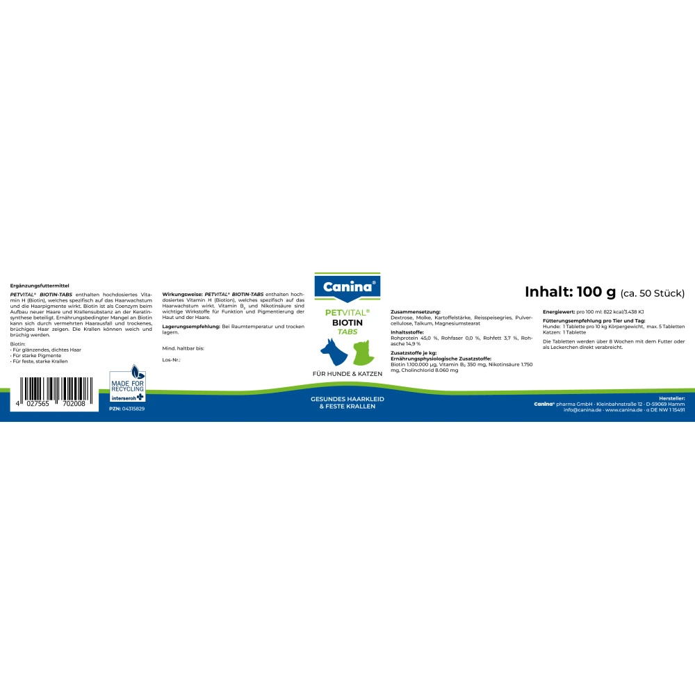 Вітамінний комплекс Canina Petvital Biotin-Tabs для вибагливих собак і котів Біотин 100 г 50 табл.