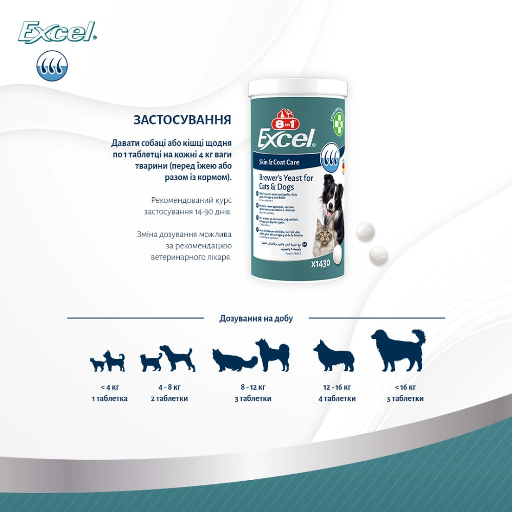 Вітаміни 8in1 Excel Brewers Yeast для собак та котів  пивні дріжджі з часником для шкіри та шерсті 140 шт