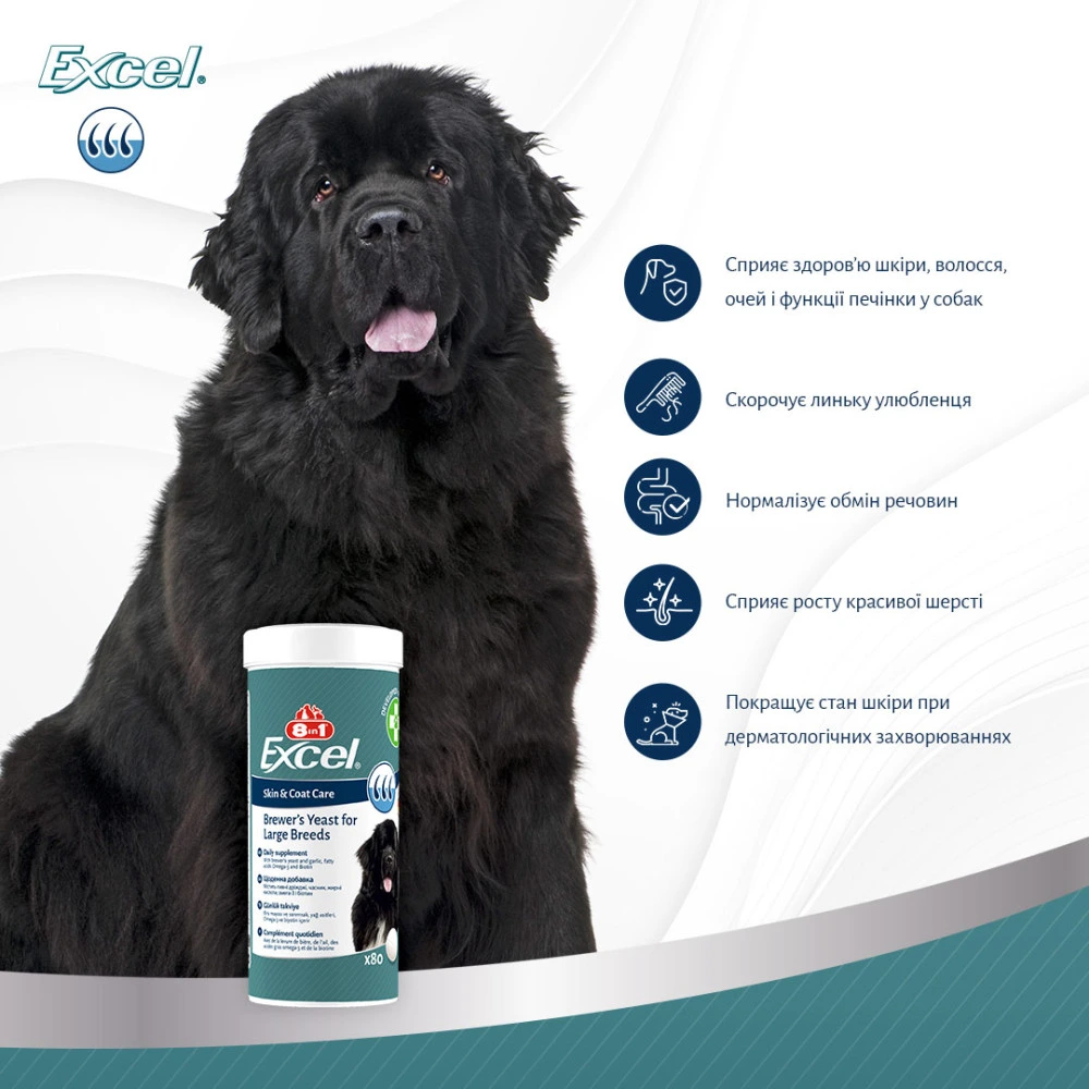Витамины 8in1 Excel Brewers Yeast Large Breed для собак больших пород пивные дрожжи с чесноком для кожи и шерсти 80 шт