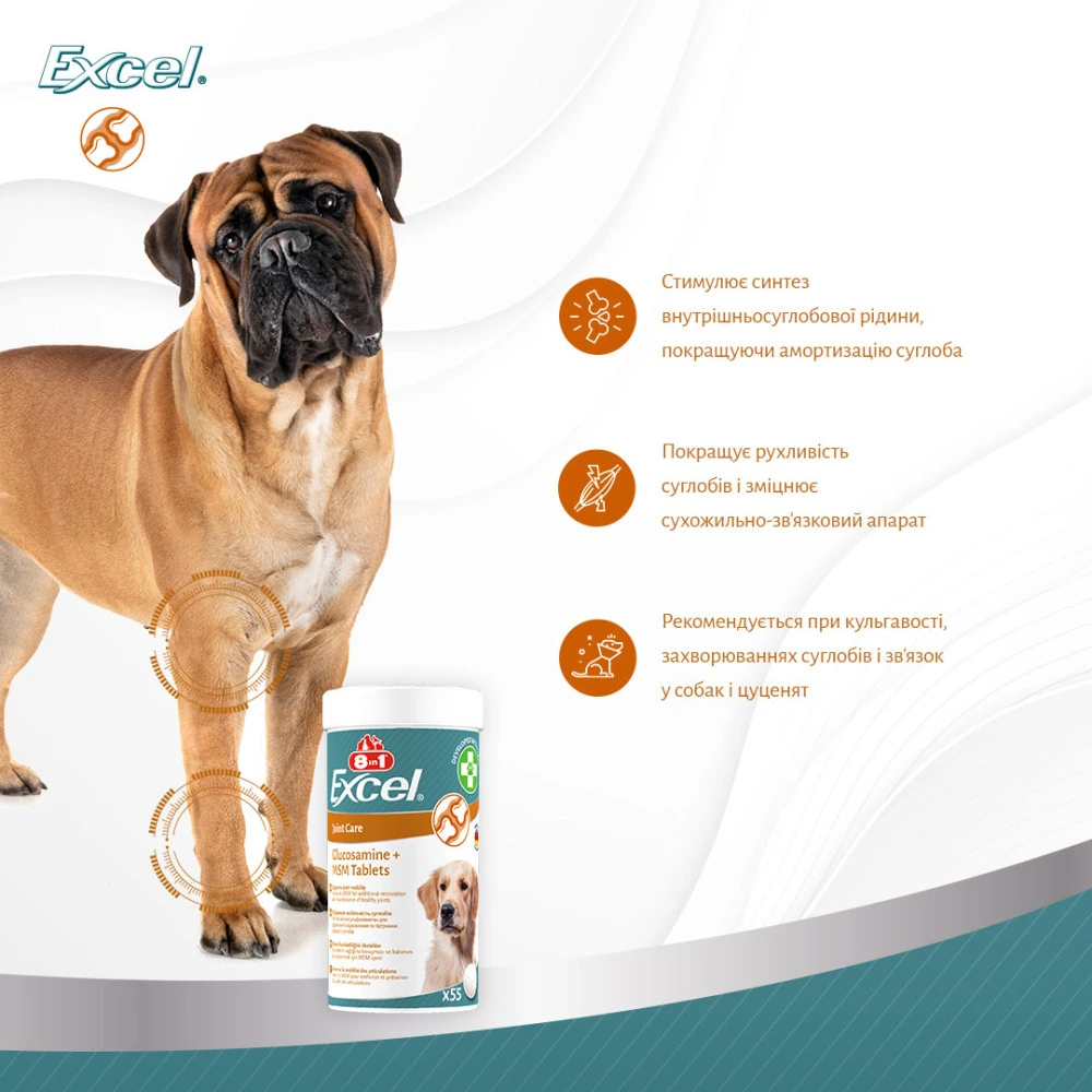 Вітаміни 8in1 Excel Glucosamine + MSM для цуценят та дорослих собак для суглобів  55 шт