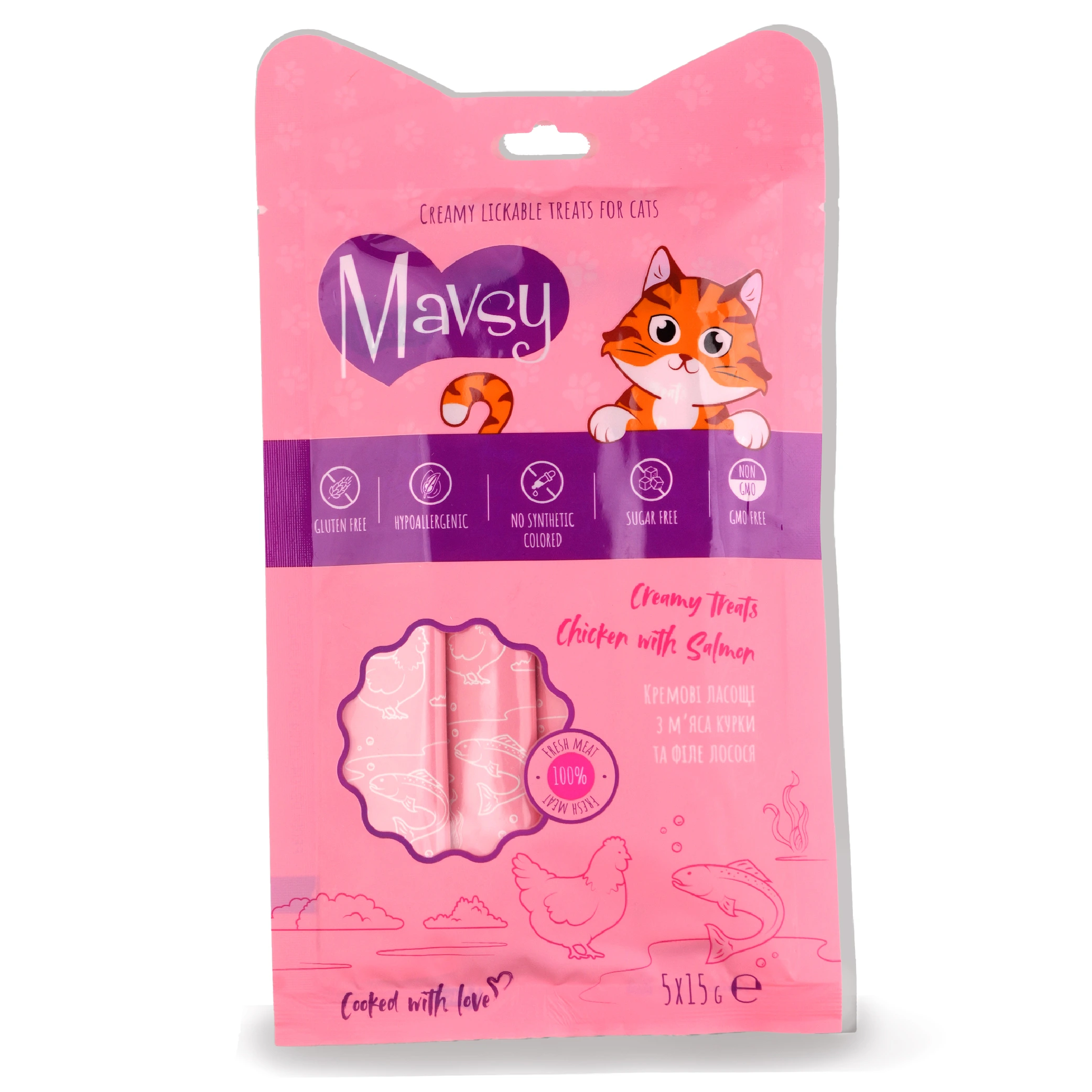 Ласощі для котів Mavsy Creamy Treats, Курка та лосось, 5x15 г