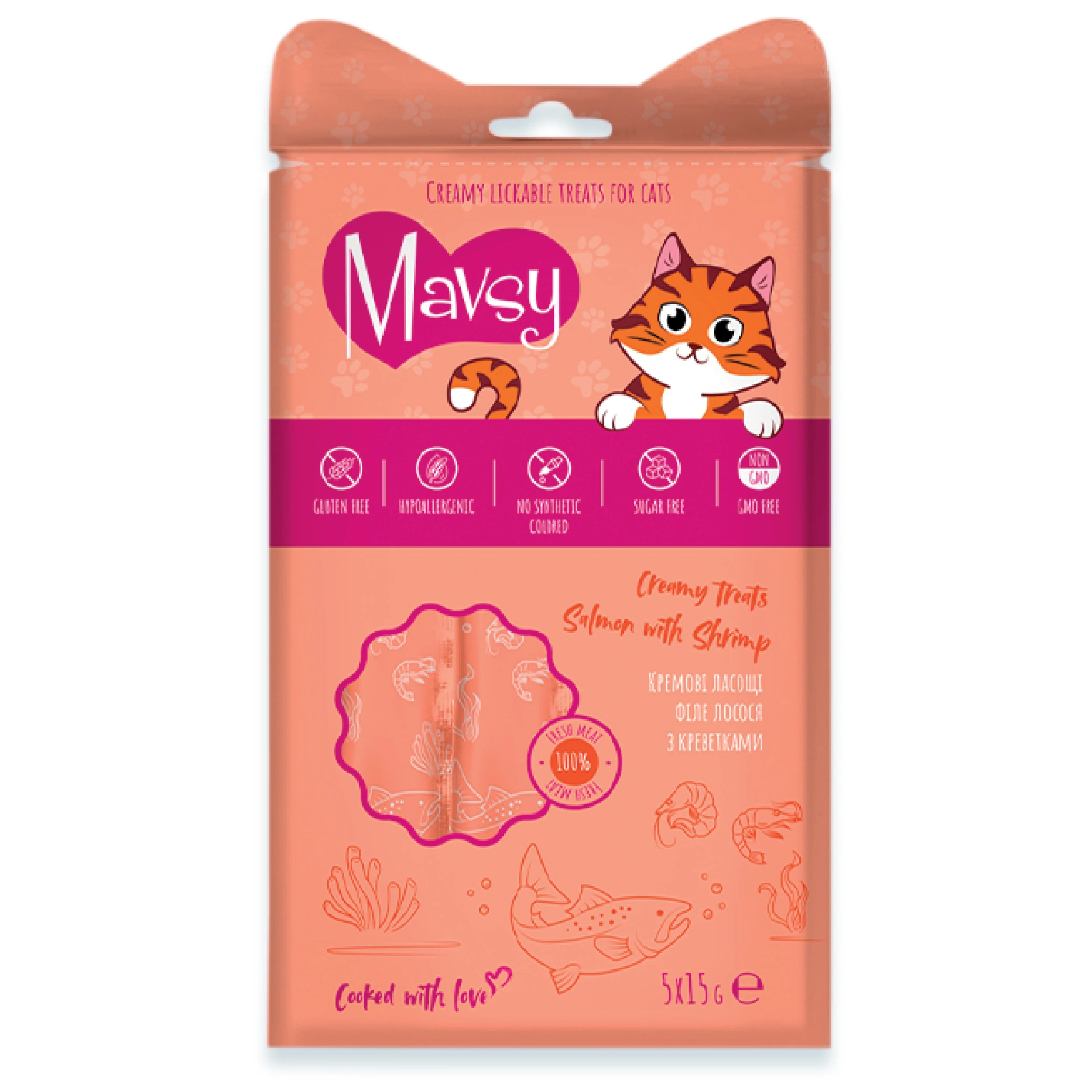 Ласощі для котів Mavsy Creamy Treats, Лосось та креветки, 5x15 г
