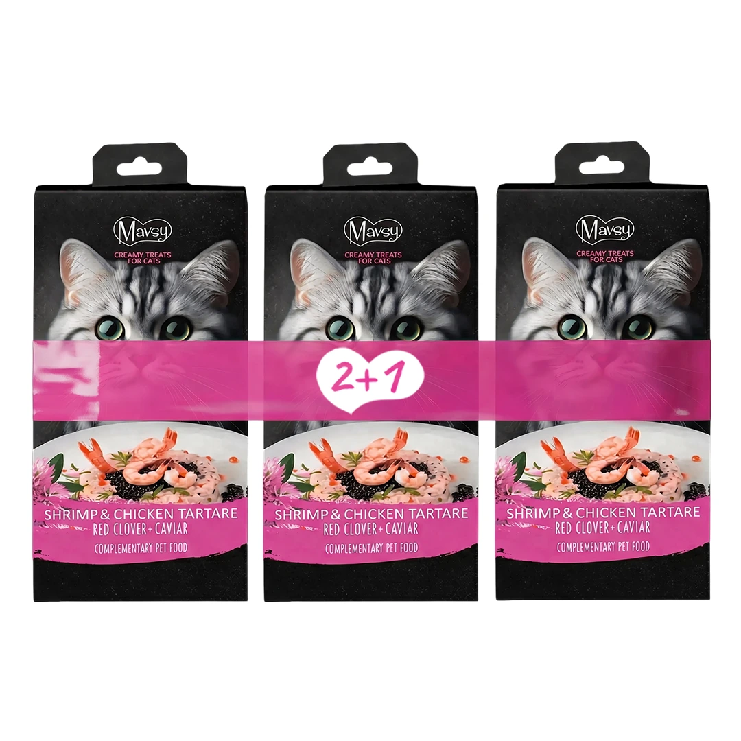 Смаколики для котів Mavsy Creamy superfood, тартар з креветок і курки з червоною конюшиною та ікрою