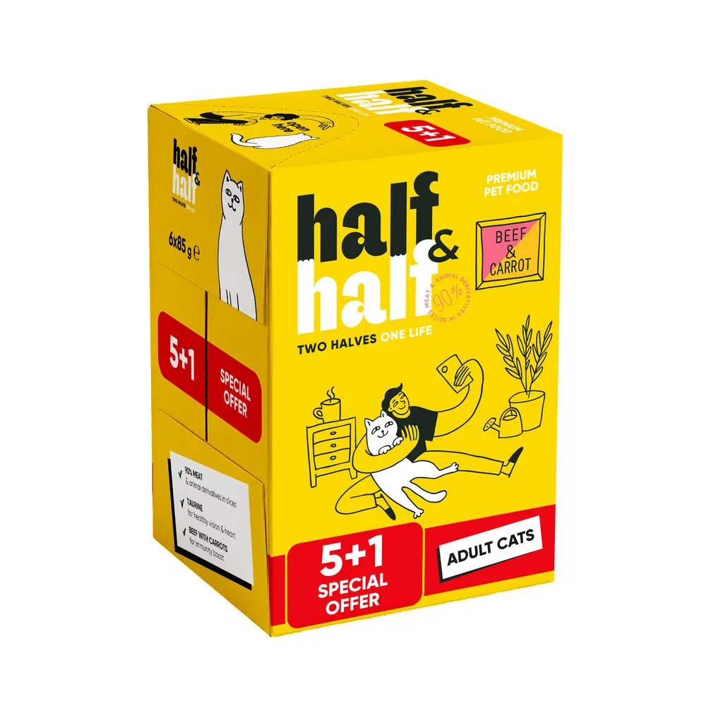 Набір "5+1" вологих кормів Half&Half для дороcлих котів з яловичиною та морквою в желе 6 шт х 85 г