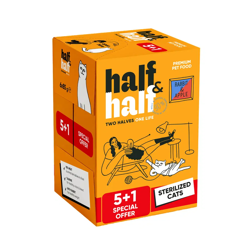 Набір "5+1" вологих кормів Half&Half для стерилізованих котів з кроликом та яблуком в желе 6 шт х 85 г