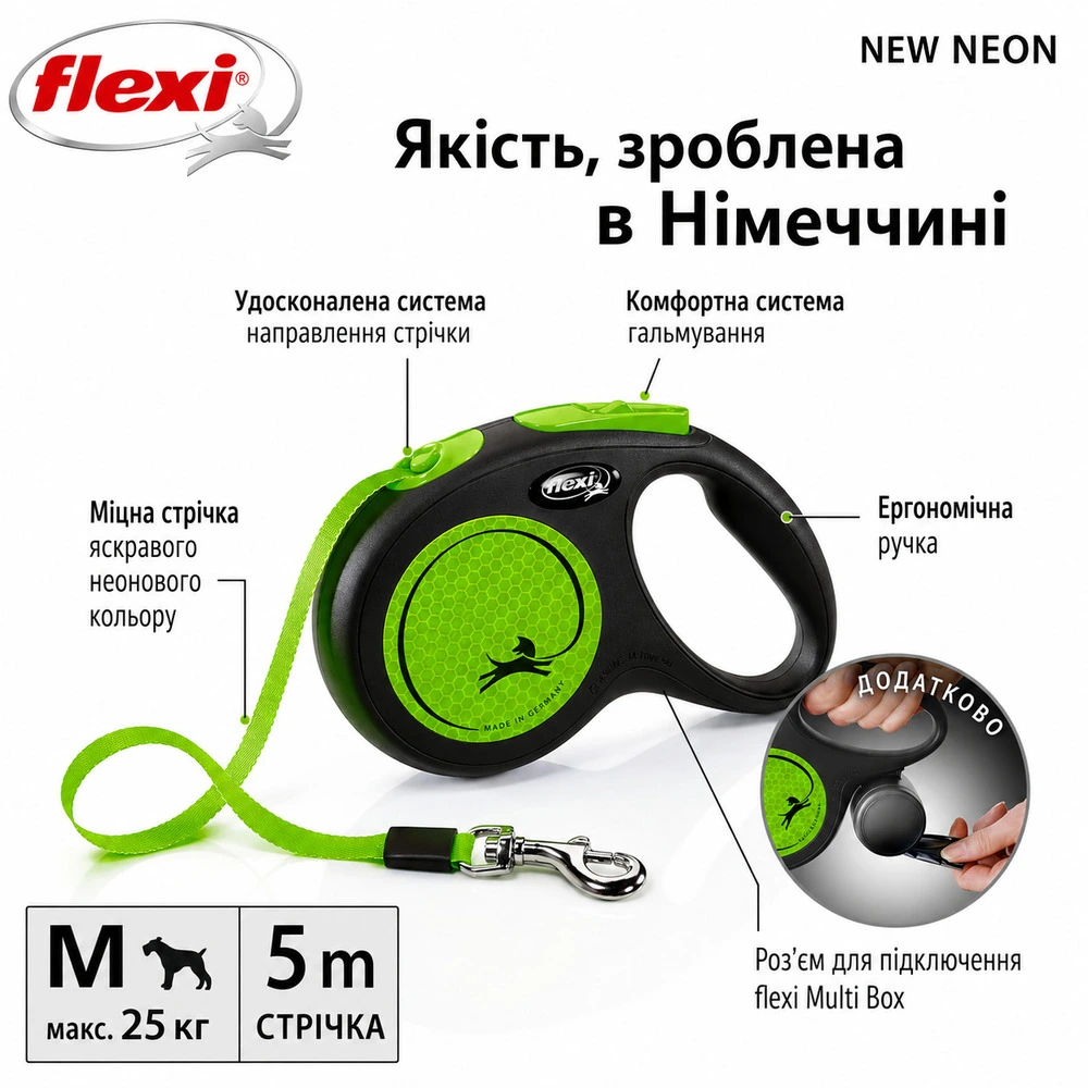 Повідець-рулетка Flexi для собак New Neon стрічка зелена розмір M 5 м/ 25 кг