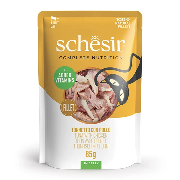Schesir Tuna and Chicken ШЕЗІР ТУНЕЦЬ З КУРЯЧИМ ФІЛЕ в желе повнораціонний вологий корм консерви для котів, пауч 85г