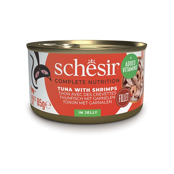Schesir Tuna with Shrimps ШЕЗІР ТУНЕЦЬ З КРЕВЕТКАМИ в желе повнораціонний вологий корм консерви для котів, банка 85г