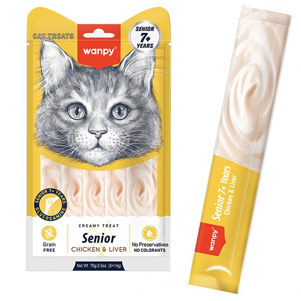 Wanpy Creamy Lickable Treats Senior Chicken & Liver ВАНПІ КУРКА З ПЕЧІНКОЮ ДЛЯ ЛІТНІХ КОТІВ рідкі ласощі з лактобактеріями та глюкозаміном, 14гх5од.