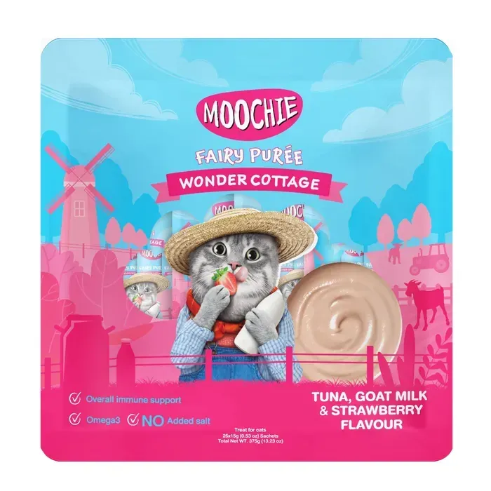 Ласощі Moochie Fairy Puree д/котів рідкі з тунцем, козячим молоком та полуницею 25х15г
